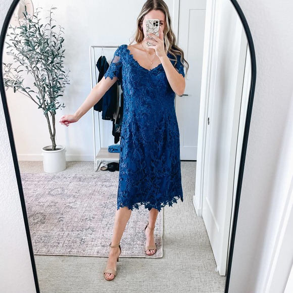 La Femme Midnight Blue Lace Midi Dress - Picture 13 of 14